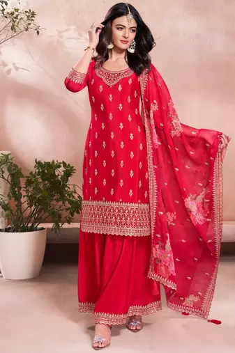 Women's Gorgeous Embroidery Vichitra Silk Fabric Straight Kurta, Sharara and Dupatta Set