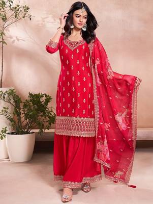 Women's  Embroidery Vichitra Silk Straight Kurta Sharara and Dupatta Set 1