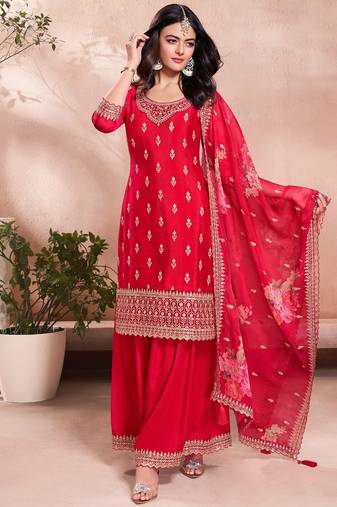 Women's Gorgeous Embroidery Vichitra Silk Fabric Straight Kurta, Sharara and Dupatta Set