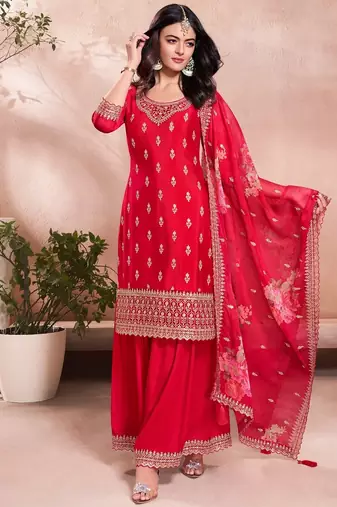 Women's Gorgeous Embroidery Vichitra Silk Fabric Straight Kurta, Sharara and Dupatta Set
