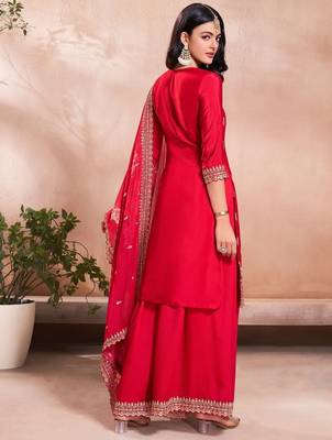 Women's  Embroidery Vichitra Silk Straight Kurta Sharara and Dupatta Set 2