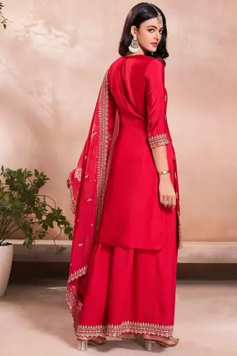 Women's  Embroidery Vichitra Silk Straight Kurta Sharara and Dupatta Set