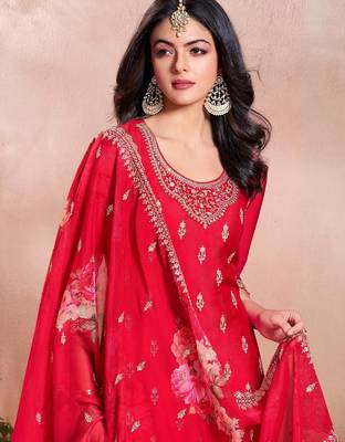 Women's  Embroidery Vichitra Silk Straight Kurta Sharara and Dupatta Set 3