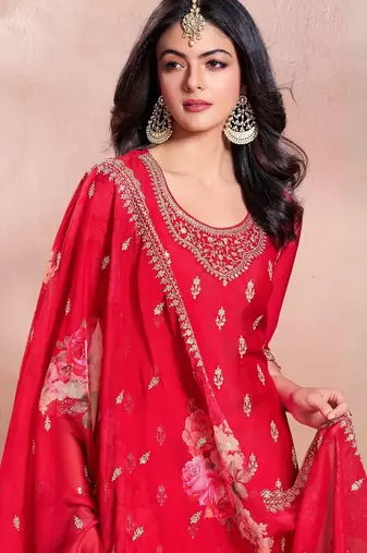Women's  Embroidery Vichitra Silk Straight Kurta Sharara and Dupatta Set