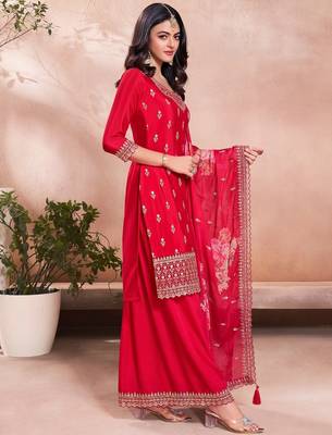 Women's  Embroidery Vichitra Silk Straight Kurta Sharara and Dupatta Set 4