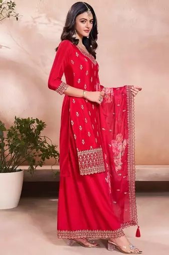 Women's  Embroidery Vichitra Silk Straight Kurta Sharara and Dupatta Set
