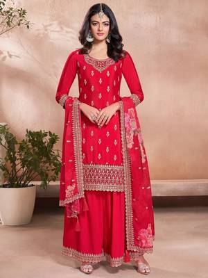 Women's  Embroidery Vichitra Silk Straight Kurta Sharara and Dupatta Set 5