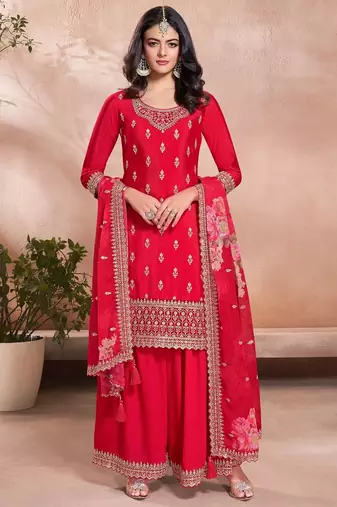 Women's  Embroidery Vichitra Silk Straight Kurta Sharara and Dupatta Set