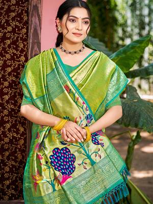 Sangam prints green kanjivaram silk woven work traditional saree 3