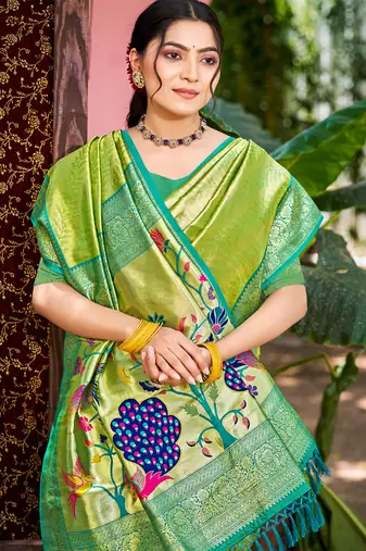 Sangam prints green kanjivaram silk woven work traditional saree