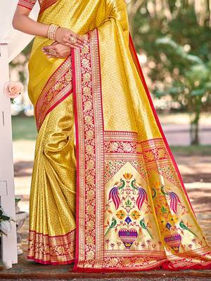 Sangam prints multi color kanjivaram silk woven work traditional saree 3