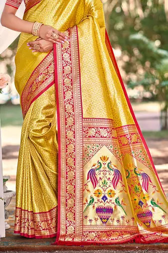 Sangam prints multi color kanjivaram silk woven work traditional saree