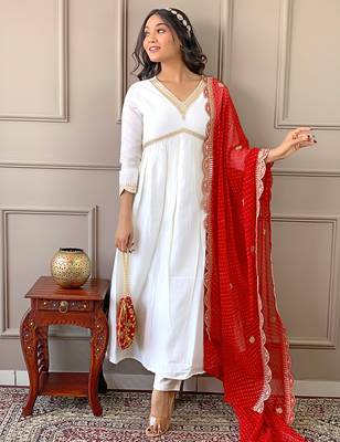 Women's  Embroidery Chandrei Straight Kurta Pant and Dupatta Set 1