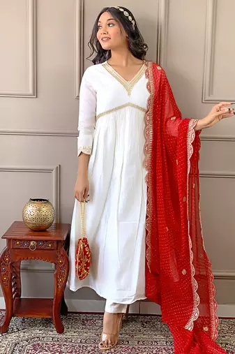 Women's Gorgeous Embroidery Chandrei Fabric Straight Kurta, Pant and Dupatta Set