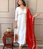 Women's Gorgeous Embroidery Chandrei Fabric Straight Kurta, Pant and Dupatta Set