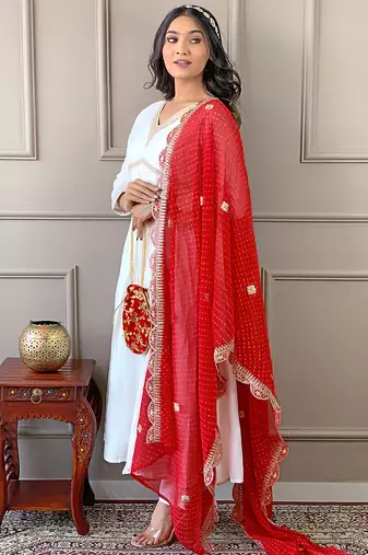 Women's  Embroidery Chandrei Straight Kurta Pant and Dupatta Set