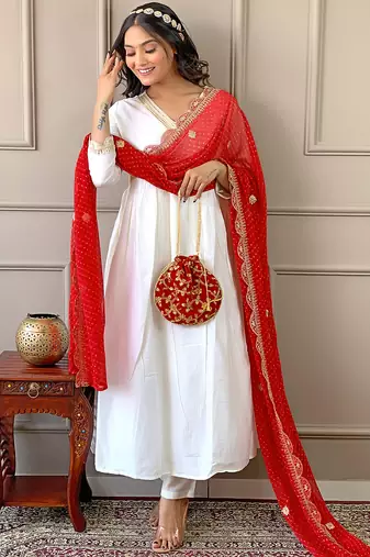 Women's  Embroidery Chandrei Straight Kurta Pant and Dupatta Set