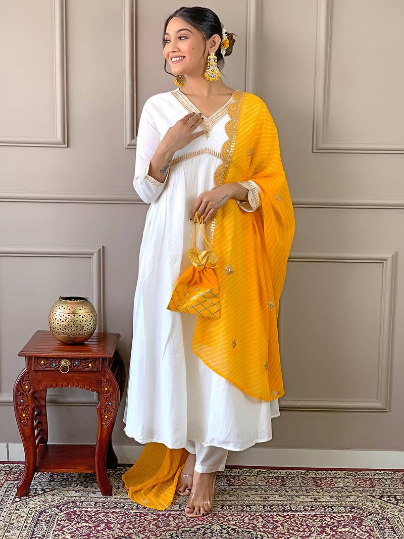 Women's Gorgeous Embroidery Chandrei Fabric Straight Kurta, Pant and Dupatta Set