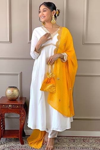 Women's Gorgeous Embroidery Chandrei Fabric Straight Kurta, Pant and Dupatta Set