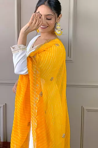 Women's  Embroidery Chandrei Straight Kurta Pant and Dupatta Set