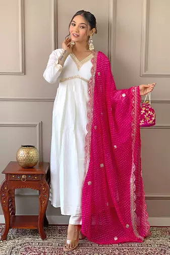 Women's Gorgeous Embroidery Chandrei Fabric Straight Kurta, Pant and Dupatta Set