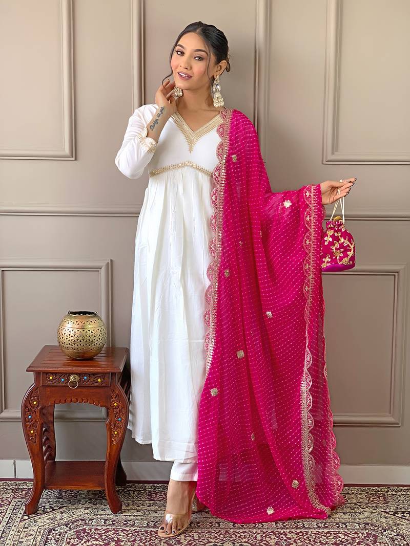 Women's Gorgeous Embroidery Chandrei Fabric Straight Kurta, Pant and Dupatta Set
