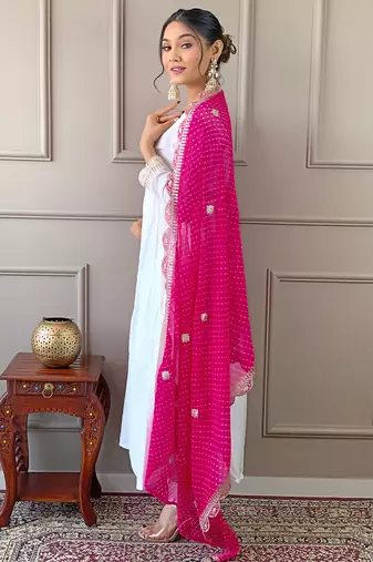Women's  Embroidery Chandrei Straight Kurta Pant and Dupatta Set