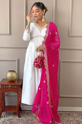 Women's  Embroidery Chandrei Straight Kurta Pant and Dupatta Set