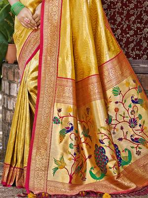 Sangam prints mustard kanjivaram silk woven work traditional saree 2