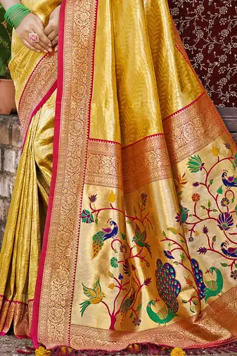 Sangam prints mustard kanjivaram silk woven work traditional saree