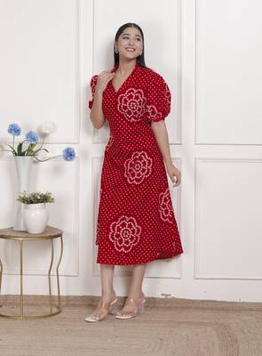  womens red bandhani printed collar neck  maxi dress 1