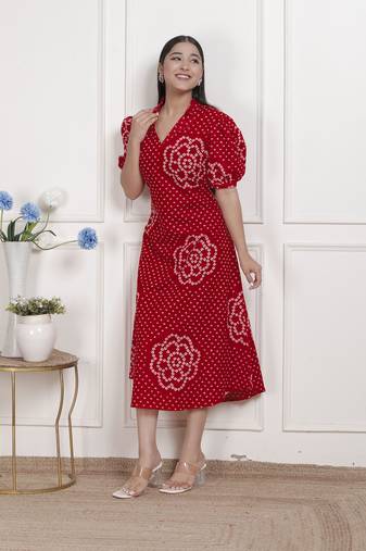 Doriyaan womens red bandhani printed collar neck  maxi dress