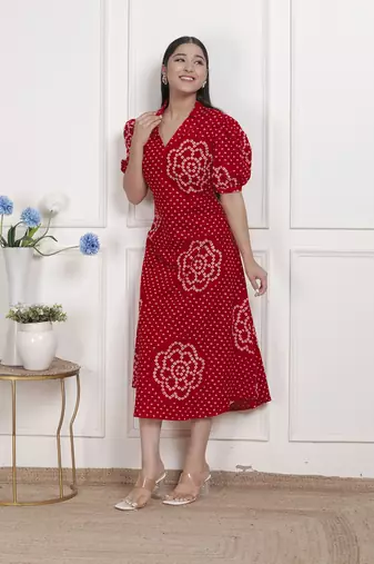 Doriyaan womens red bandhani printed collar neck  maxi dress