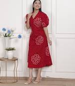 Doriyaan womens red bandhani printed collar neck  maxi dress