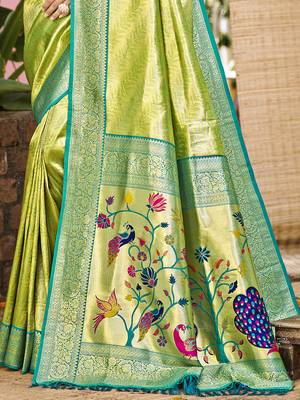Sangam prints green kanjivaram silk woven work traditional saree 4