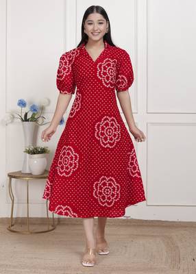  womens red bandhani printed collar neck  maxi dress 2