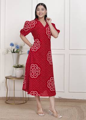  womens red bandhani printed collar neck  maxi dress 3