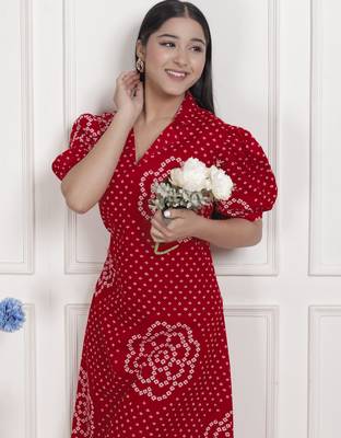  womens red bandhani printed collar neck  maxi dress 4