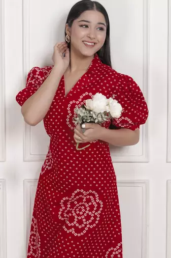  womens red bandhani printed collar neck  maxi dress
