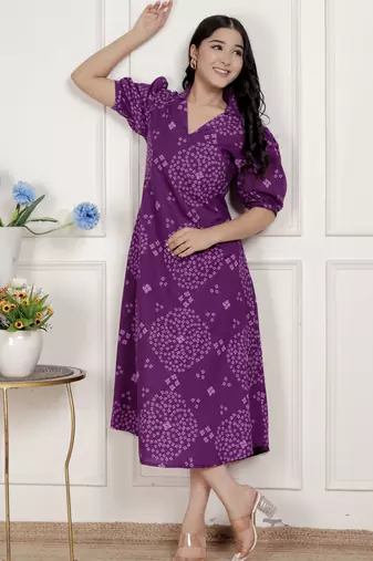 purple bandhni printed a-line maxi dress