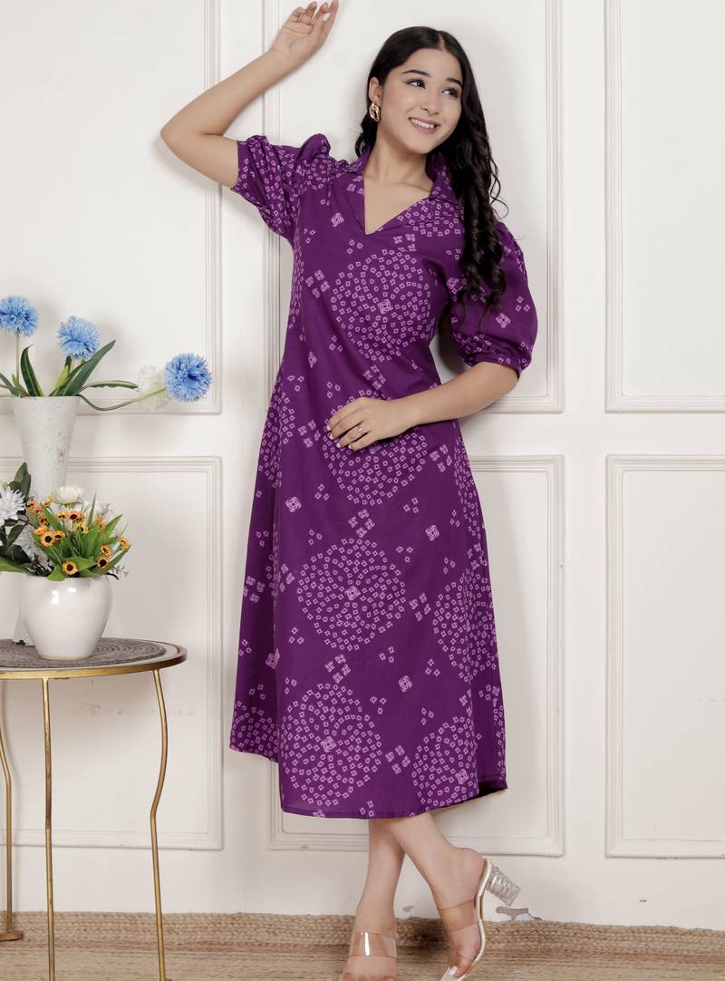 purple bandhni printed a-line maxi dress