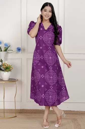 purple bandhni printed a-line maxi dress