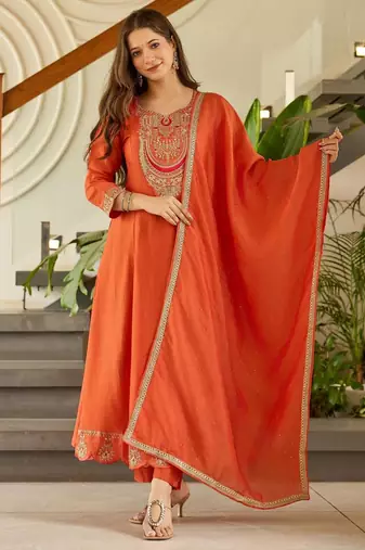 Women's Gorgeous Embroidery Vichitra Silk Fabric Flared Kurta, Pant and Dupatta Set