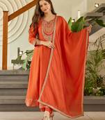 Women's Gorgeous Embroidery Vichitra Silk Fabric Flared Kurta, Pant and Dupatta Set