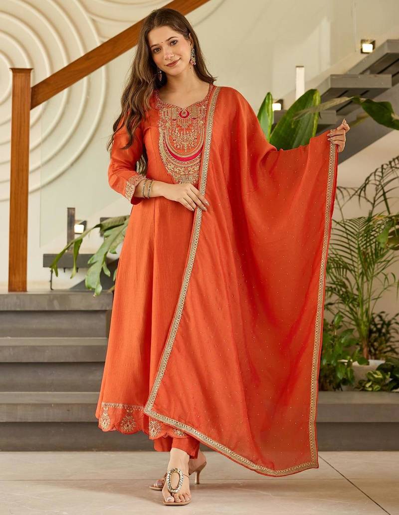 Women's Gorgeous Embroidery Vichitra Silk Fabric Flared Kurta, Pant and Dupatta Set
