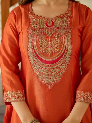 Women's  Embroidery Vichitra Silk Flared Kurta Pant and Dupatta Set 2