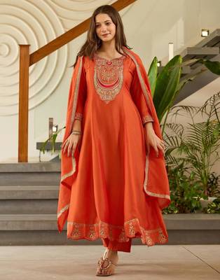 Women's  Embroidery Vichitra Silk Flared Kurta Pant and Dupatta Set 4