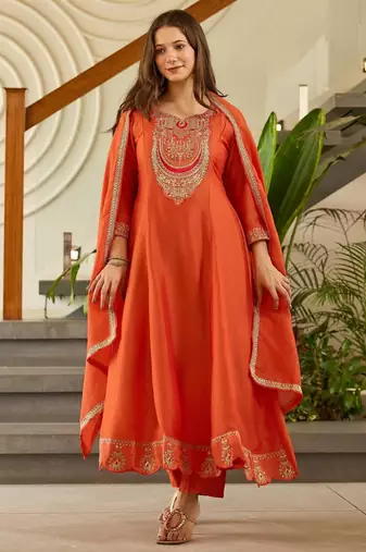 Women's  Embroidery Vichitra Silk Flared Kurta Pant and Dupatta Set