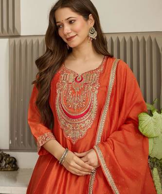 Women's  Embroidery Vichitra Silk Flared Kurta Pant and Dupatta Set 5