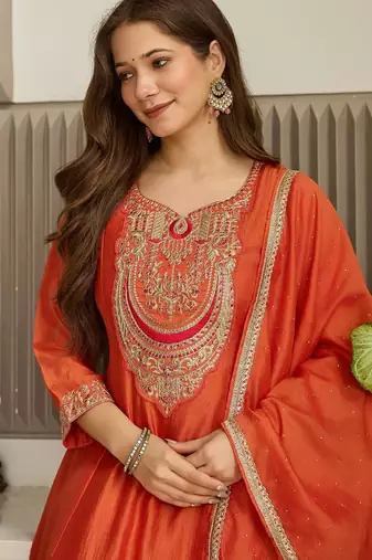 Women's  Embroidery Vichitra Silk Flared Kurta Pant and Dupatta Set